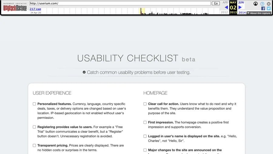 Screenshot of the original Userium usability checklist from 2013 on the Wayback Machine